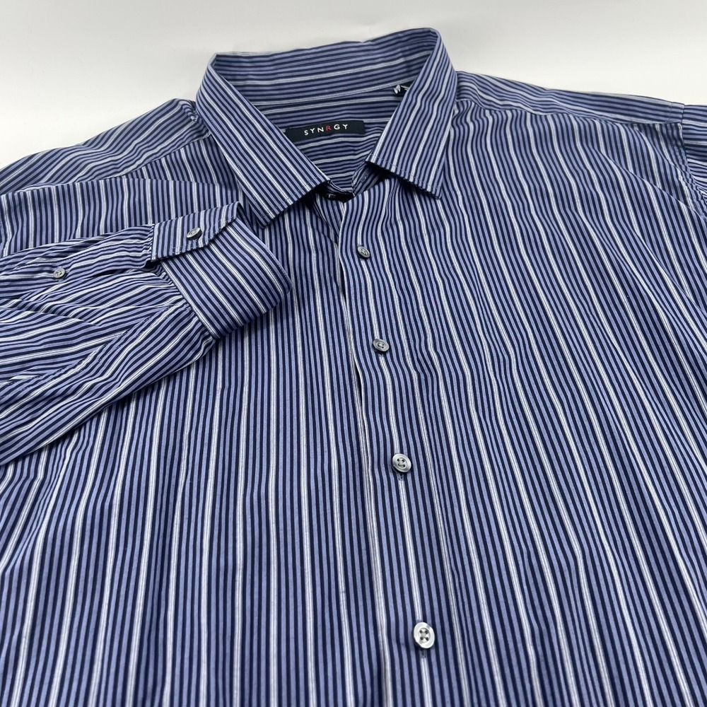 Synrgy Mens Blue White Striped Long Sleeve Button Down Cotton Shirt 3XL